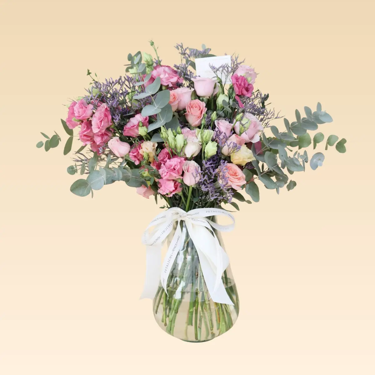 Jarrón de Flores con Lisianthus, Rosas, Eucaliptos Laura